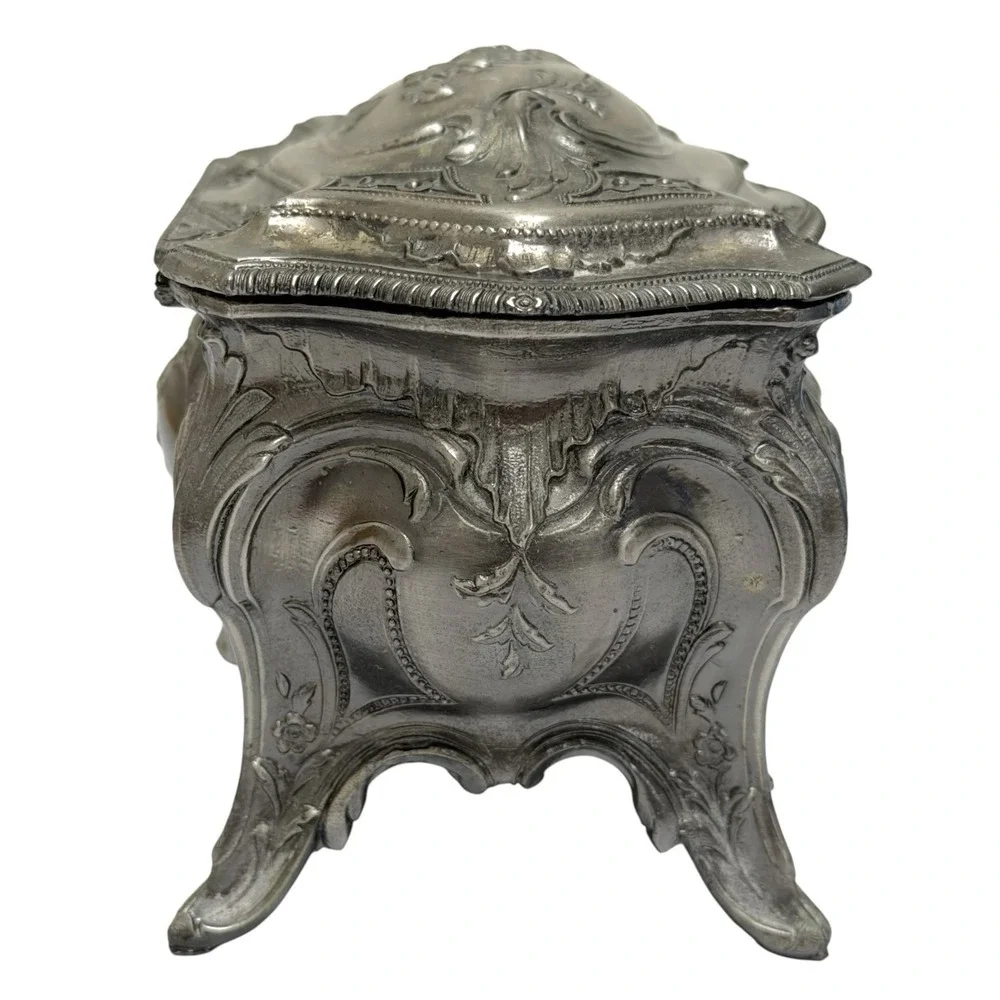 Vintage Pewter Intricate Floral Jewelry Casket Box Ornate Victorian Design Japan
